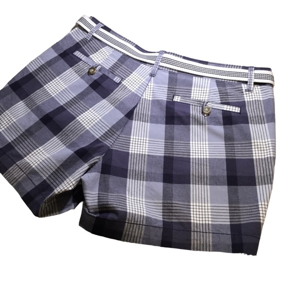 🔥SALE 3/$20 DOCKERS sz 8 Petite Shorts Plaid Pockets Belted Blue White - Picture 3 of 3